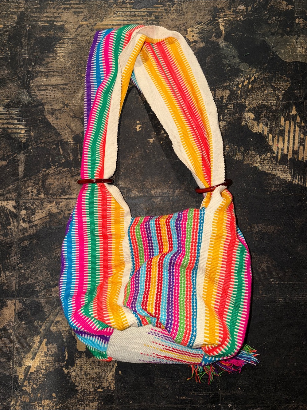 Multicolor Striped Woven Shoulder Bag with Wooden Buckle - Picture 3 of 3